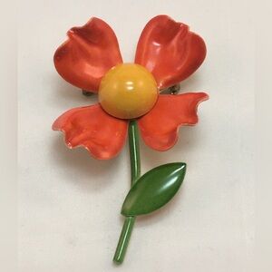 Vintage Enamel Flower Brooch in Orange & Yellow with Green Stem